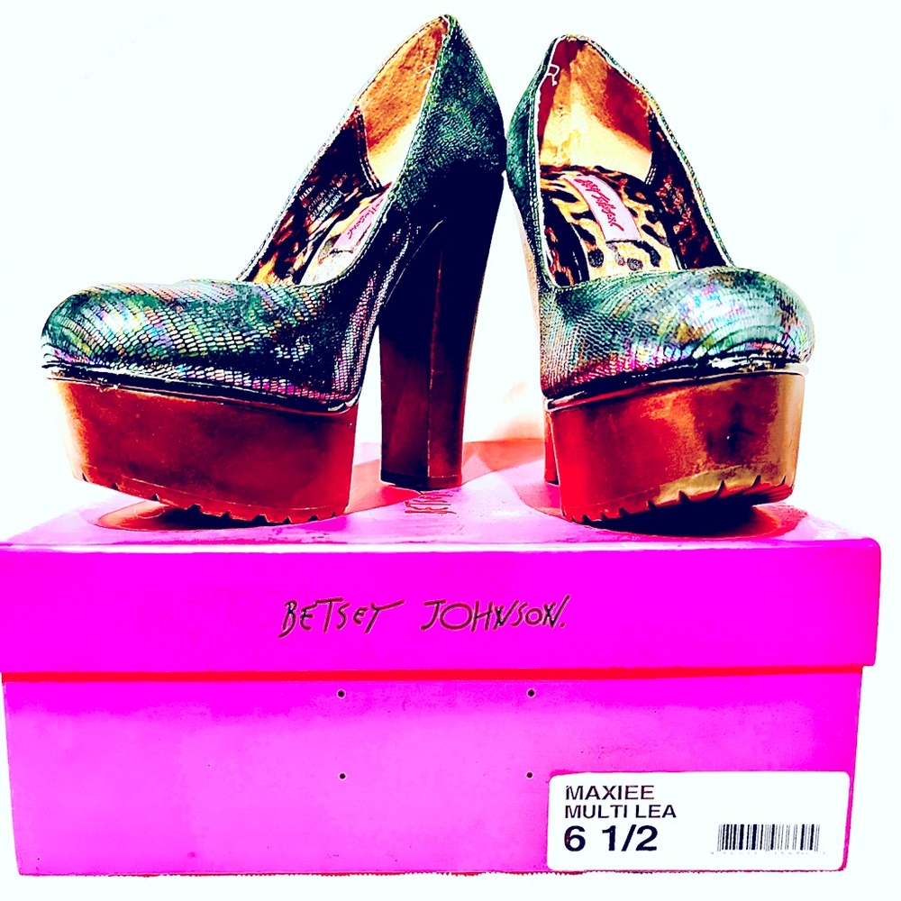 Multicolored rainbow reptile leather Betsey Johnson platform pumps